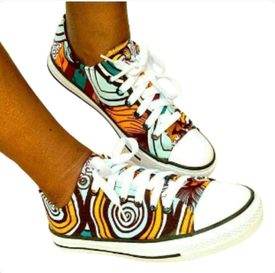 AFRICAN MATERIAL COVERED LOW TOP SNEAKERS